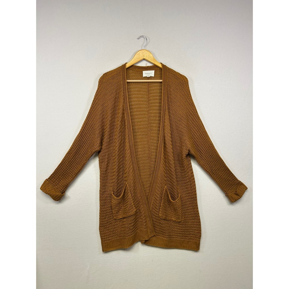Boho Earthy Pinque Womens 1X Brown Textured Pointelle Open Front Pocket Cardigan